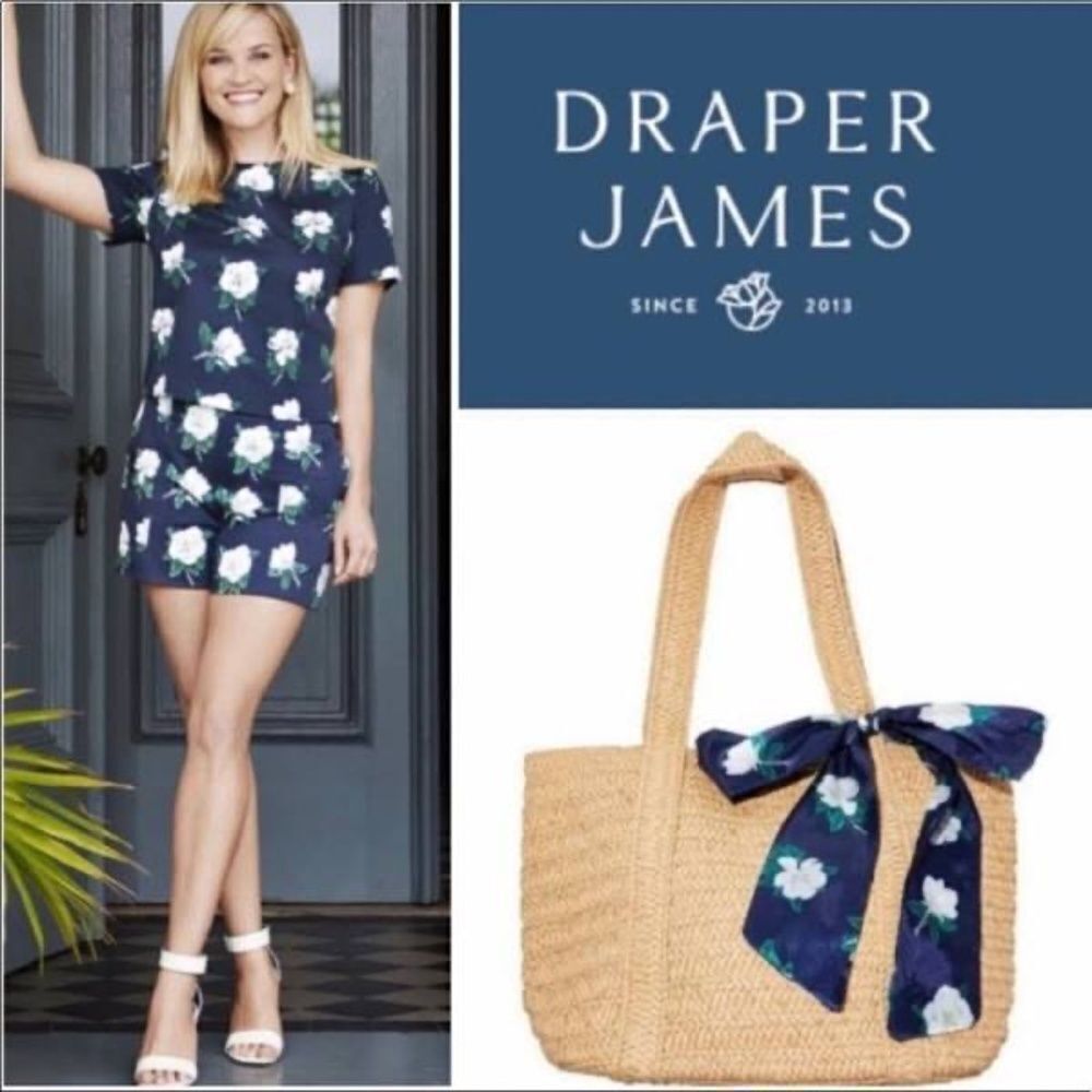 Draper James Tan Paper Straw Bag With Floral Bow Detailing NWT